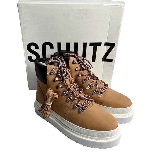SCHUTZ Marula Women's Platform Lace Up High Top Boots 7.5 B Waterproof Beige NIB - Picture 1 of 16